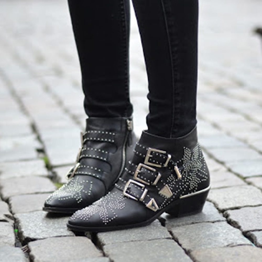 Studded Flat Ankle Boot Black Leather Gold Buckle
